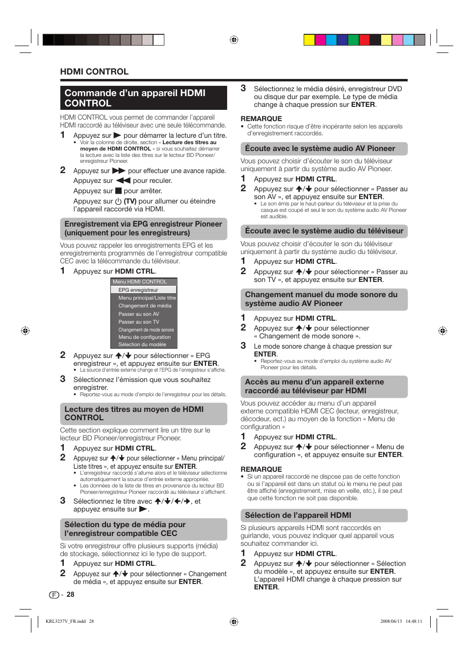 Commande d’un appareil hdmi control | Pioneer KRL-37V User Manual | Page 78 / 338