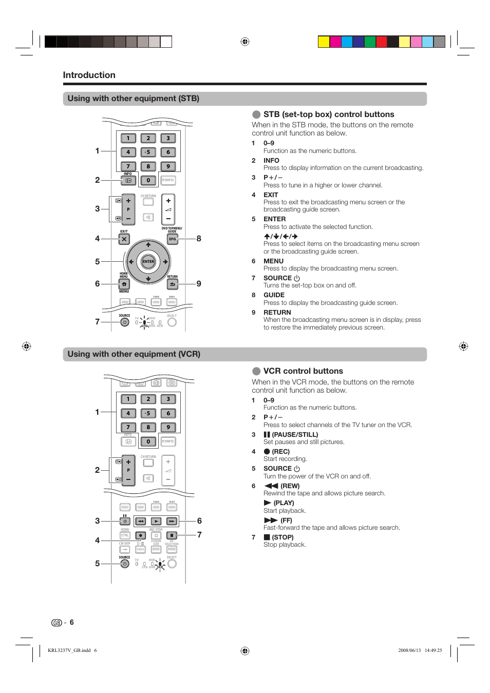 Introduction, Using with other equipment (stb), Vcr control buttons | Pioneer KRL-37V User Manual | Page 8 / 338