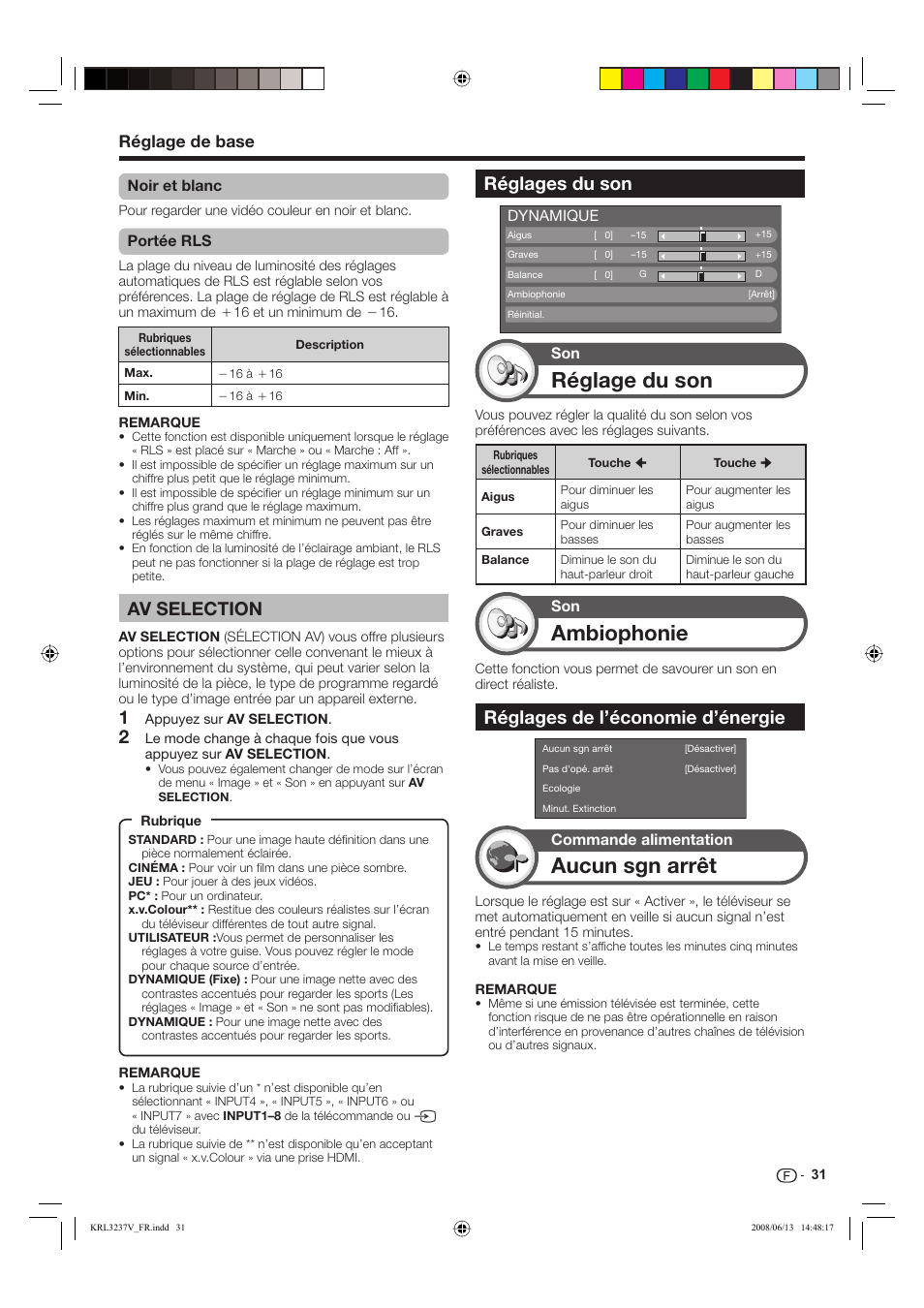 Réglage du son, Ambiophonie, Aucun sgn arrêt | Av selection, Réglages du son, Réglages de l’économie d’énergie, Réglage de base | Pioneer KRL-37V User Manual | Page 81 / 338