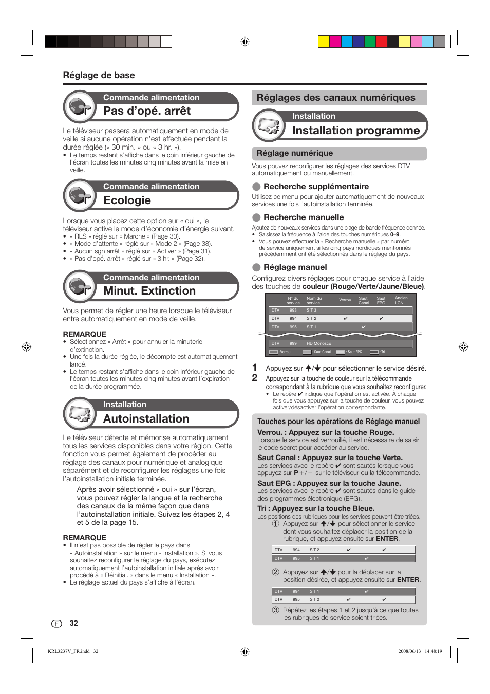 Ecologie, Autoinstallation, Installation programme | Pas d’opé. arrêt, Minut. extinction, Réglages des canaux numériques, Réglage de base, Commande alimentation, Installation, Installation réglage numérique | Pioneer KRL-37V User Manual | Page 82 / 338