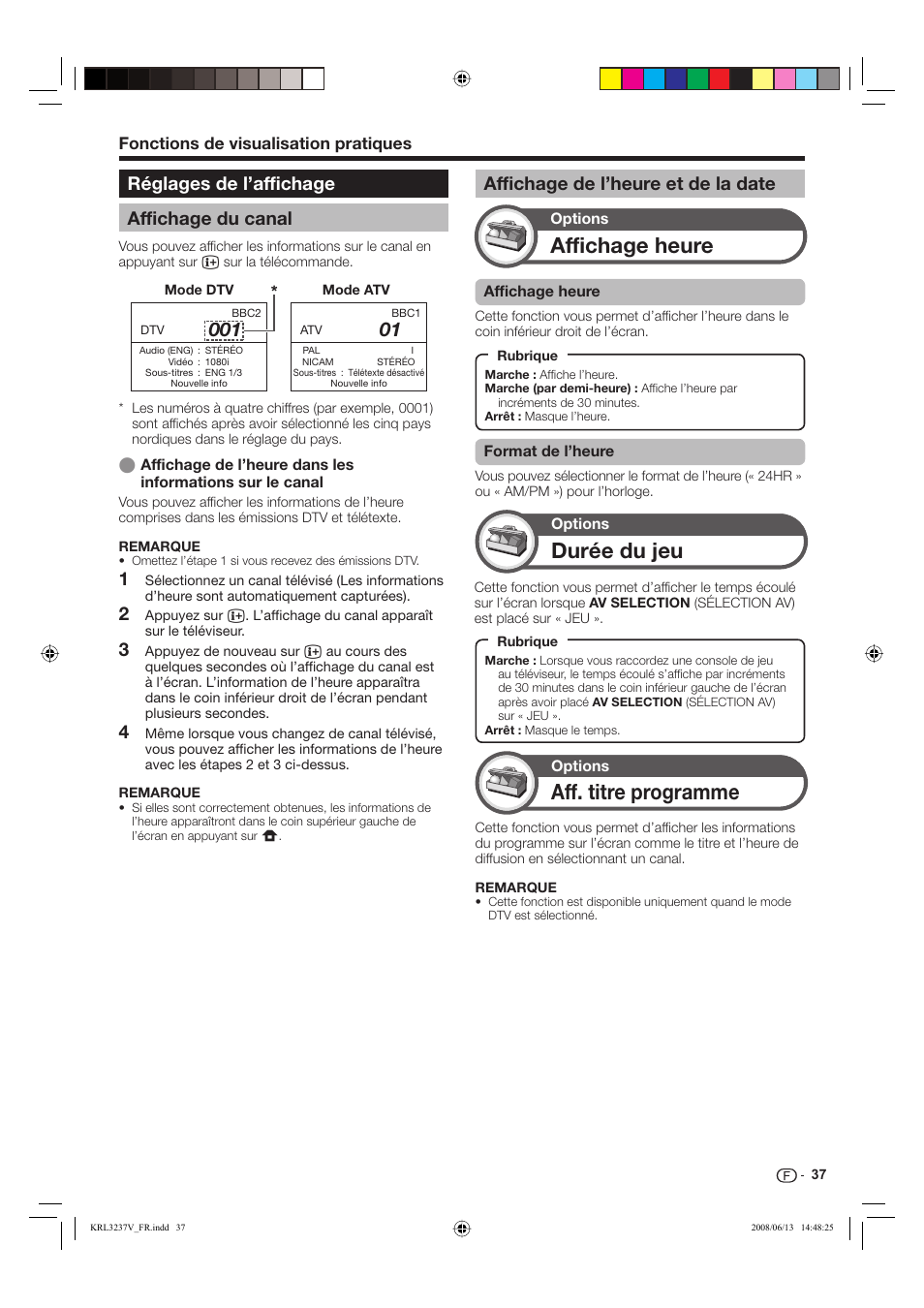 Affichage heure, Durée du jeu, Aff. titre programme | Réglages de l’affichage affichage du canal, Affichage de l’heure et de la date, Fonctions de visualisation pratiques | Pioneer KRL-37V User Manual | Page 87 / 338