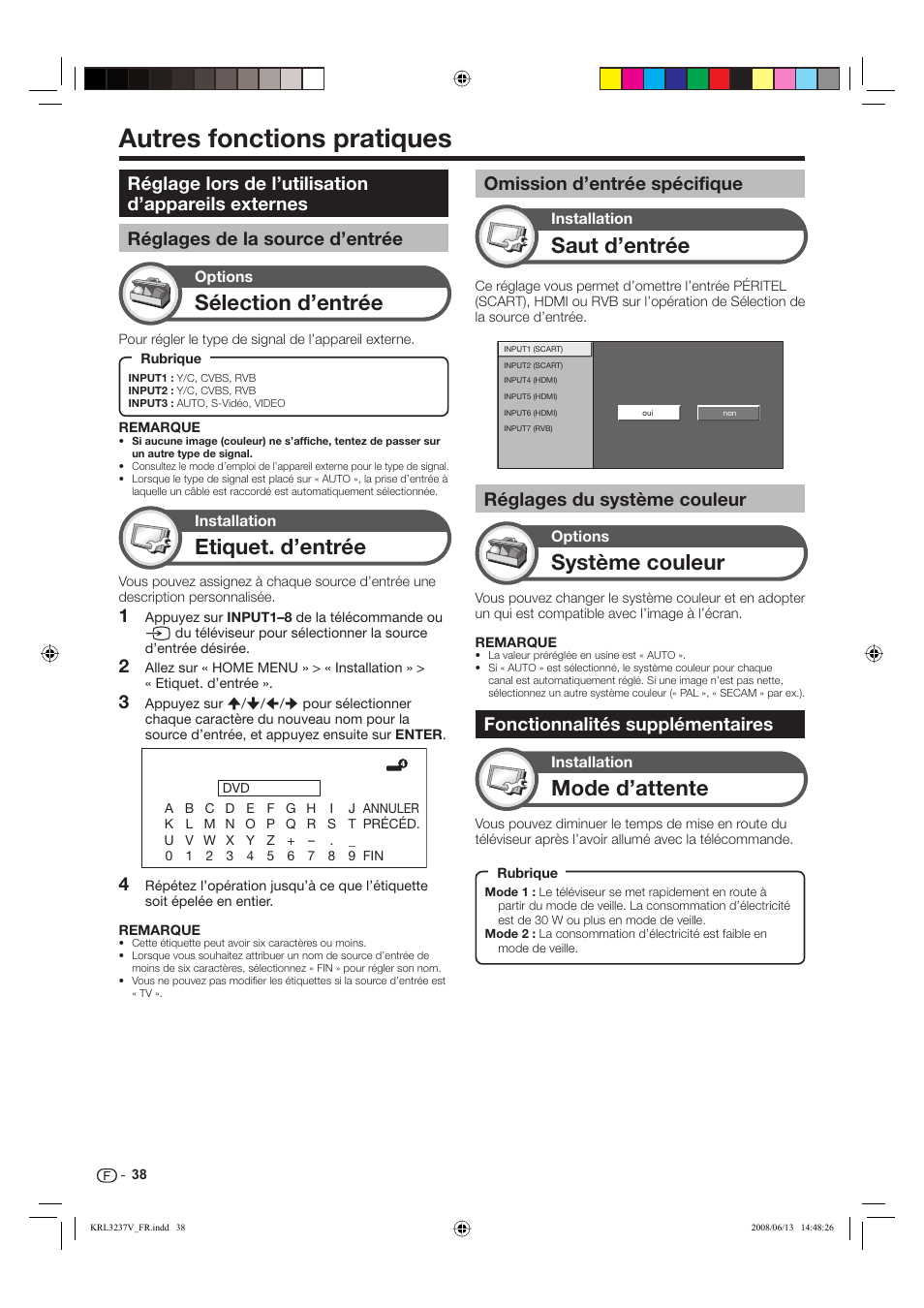 Autres fonctions pratiques, Sélection d’entrée, Etiquet. d’entrée | Saut d’entrée, Mode d’attente, Système couleur, Réglages du système couleur, Fonctionnalités supplémentaires, Omission d’entrée spécifique | Pioneer KRL-37V User Manual | Page 88 / 338