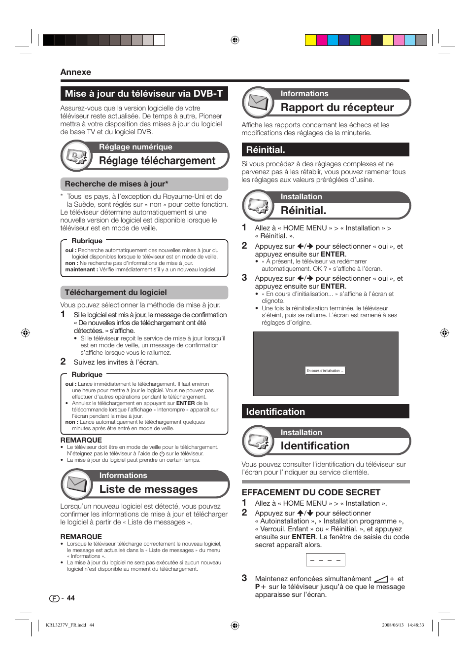 Réglage téléchargement, Liste de messages, Réinitial | Identification, Rapport du récepteur, Mise à jour du téléviseur via dvb-t | Pioneer KRL-37V User Manual | Page 94 / 338