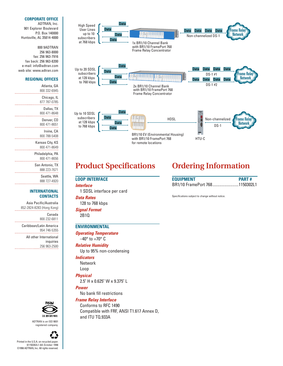 Product specifications, Ordering information | ADTRAN Frameport 768 User Manual | Page 2 / 2