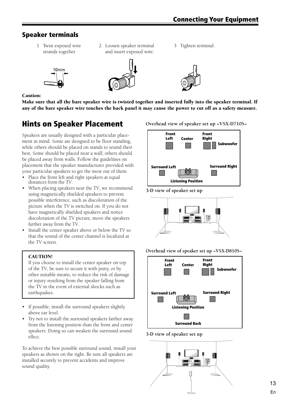 Hints on speaker placement 13, Hints on speaker placement, Connecting your equipment | Speaker terminals | Pioneer VSX-D810S User Manual | Page 13 / 52