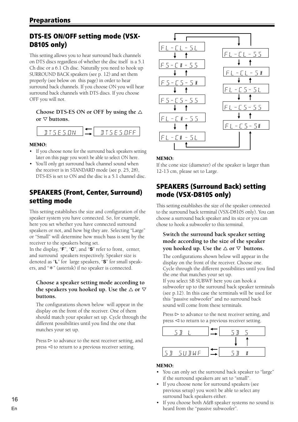 Speakers (front, center, surround) setting mode, Dts-es on/off setting mode (vsx- d810s only), Preparations | Pioneer VSX-D810S User Manual | Page 16 / 52