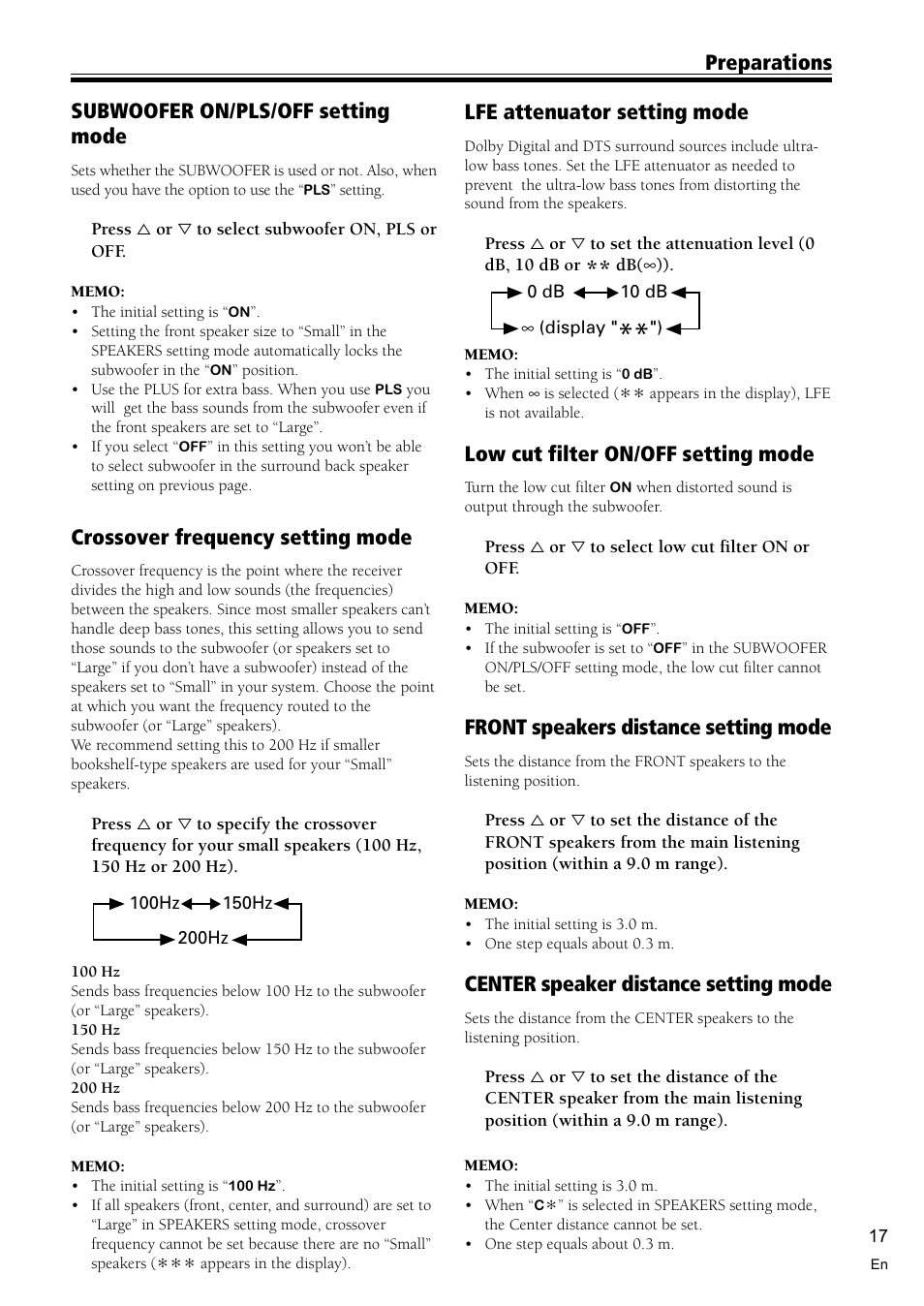 Preparations crossover frequency setting mode, Lfe attenuator setting mode, Low cut filter on/off setting mode | Front speakers distance setting mode, Center speaker distance setting mode, Subwoofer on/pls/off setting mode | Pioneer VSX-D810S User Manual | Page 17 / 52