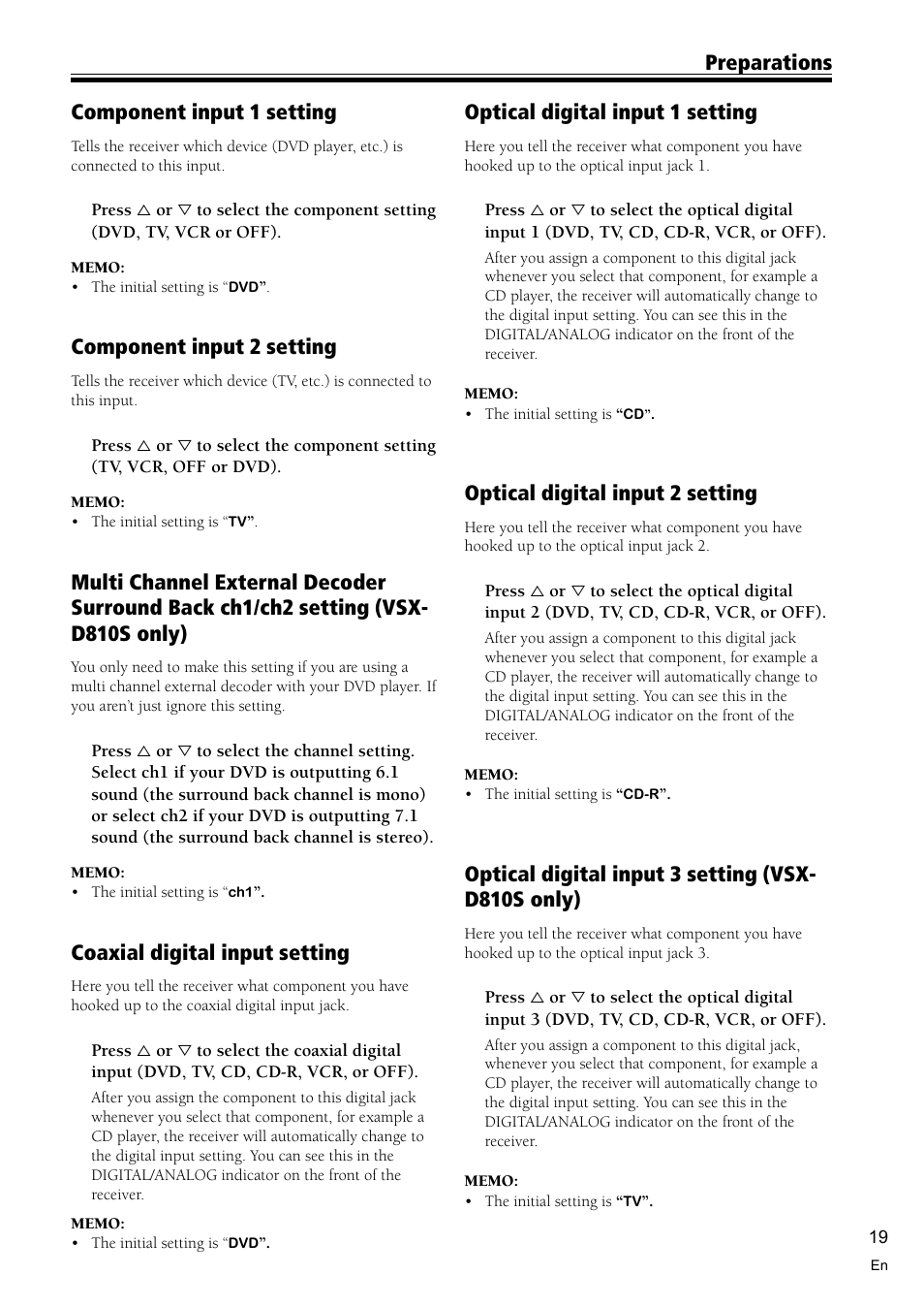 Preparations component input 1 setting, Component input 2 setting, Coaxial digital input setting | Optical digital input 1 setting, Optical digital input 2 setting, Optical digital input 3 setting (vsx- d810s only) | Pioneer VSX-D810S User Manual | Page 19 / 52