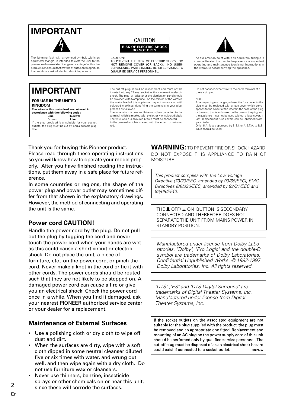 Important 1, Important 2, Warning | Power cord caution, Maintenance of external surfaces, Caution | Pioneer VSX-D810S User Manual | Page 2 / 52