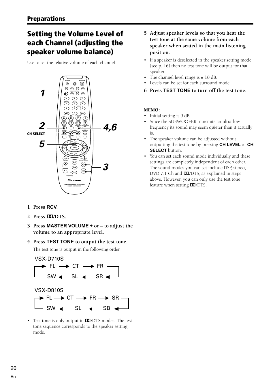 Setting the volume level of each channel 20, Preparations, 1 press | 2 press 2 /dts. 3 press, 6 press, Use to set the relative volume of each channel, Master volume, Test tone | Pioneer VSX-D810S User Manual | Page 20 / 52