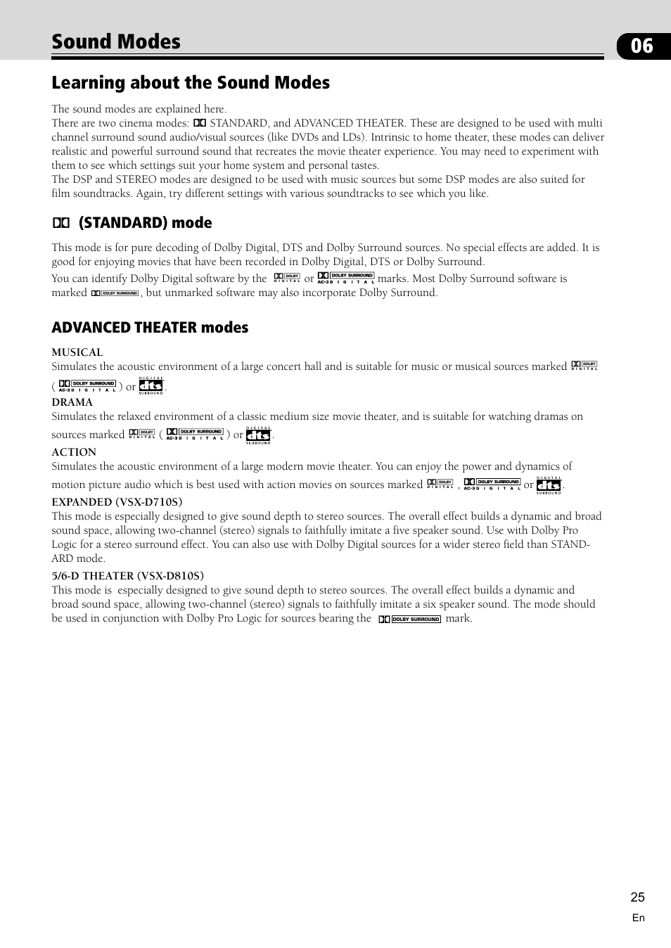 Sound modes 25, Learning about the sound modes 25, 06 sound modes | Learning about the sound modes, 2(standard) mode, Advanced theater modes | Pioneer VSX-D810S User Manual | Page 25 / 52