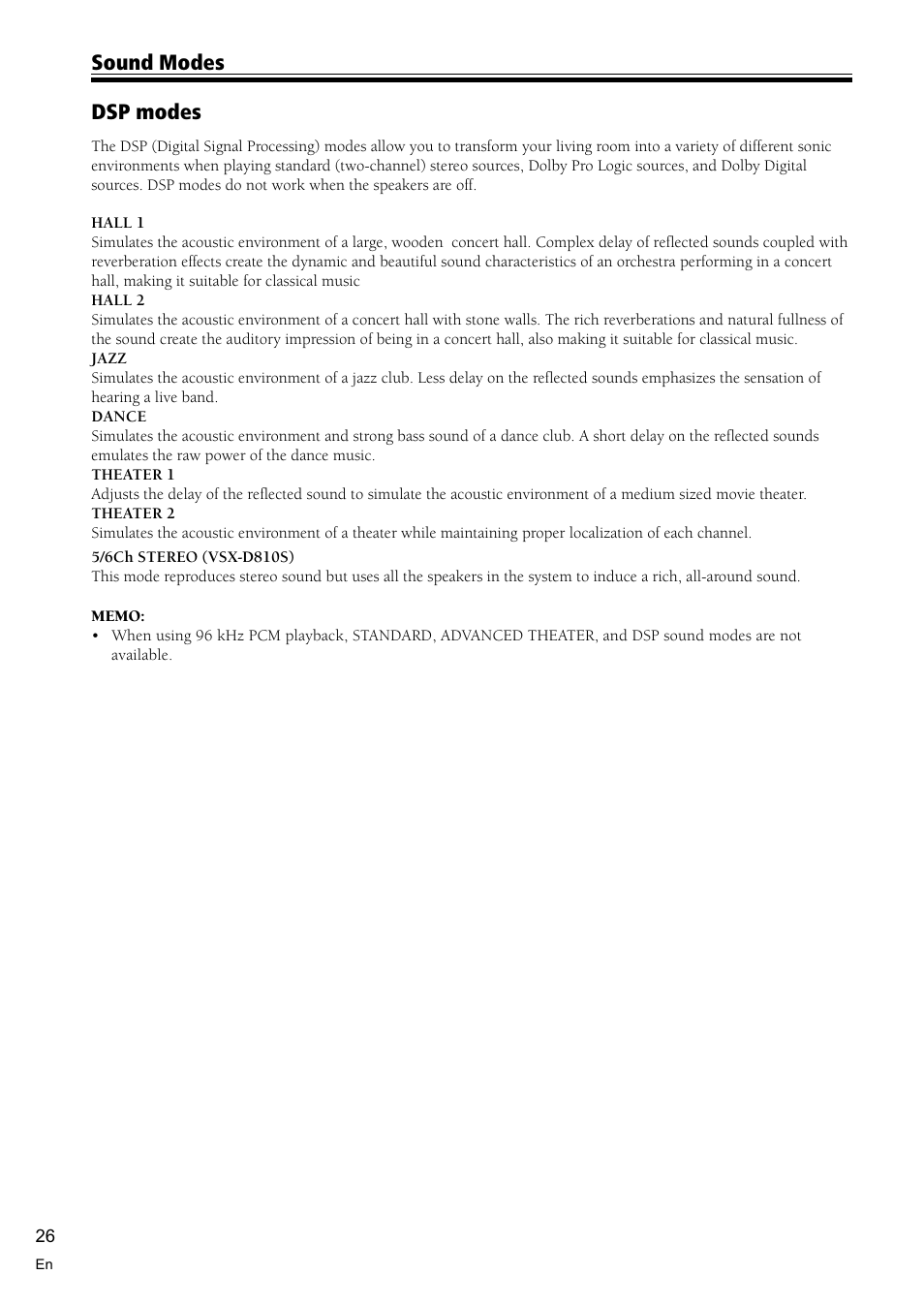 Dsp modes, Sound modes | Pioneer VSX-D810S User Manual | Page 26 / 52