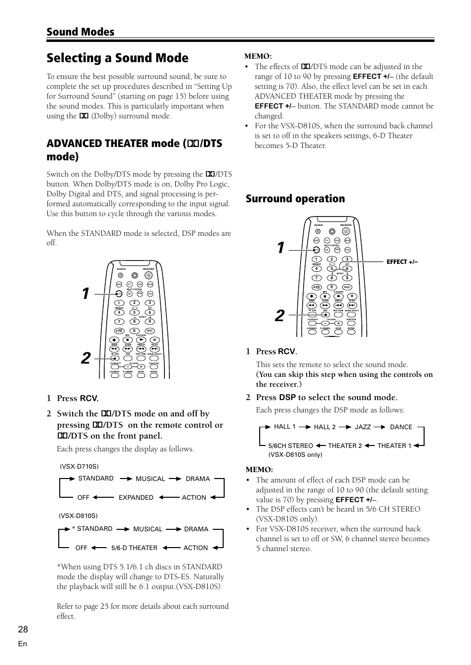 Selecting a sound mode 28, Advanced theater mode ( 2/dts mode) 28, Surround operation 28 | Selecting a sound mode, Sound modes advanced theater mode ( 2 /dts mode), Surround operation, 1 press, 2 press, Effect | Pioneer VSX-D810S User Manual | Page 28 / 52