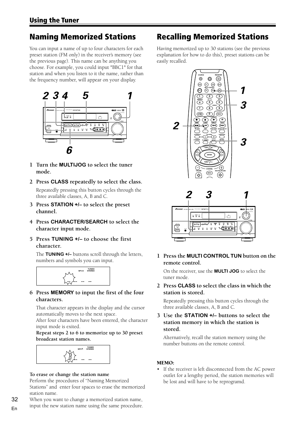 Naming memorized stations 32, Recalling memorized stations 32, Using the tuner | 1 press the, Button on the remote control, 2 press, 3 use the, 1 turn the, Repeatedly to select the class, 3 press | Pioneer VSX-D810S User Manual | Page 32 / 52