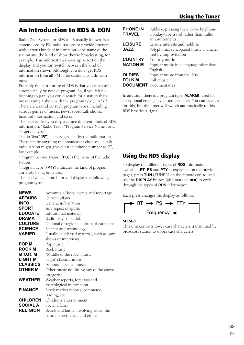 An introduction to rds & eon 33, An introduction to rds & eon, Using the tuner | Using the rds display | Pioneer VSX-D810S User Manual | Page 33 / 52