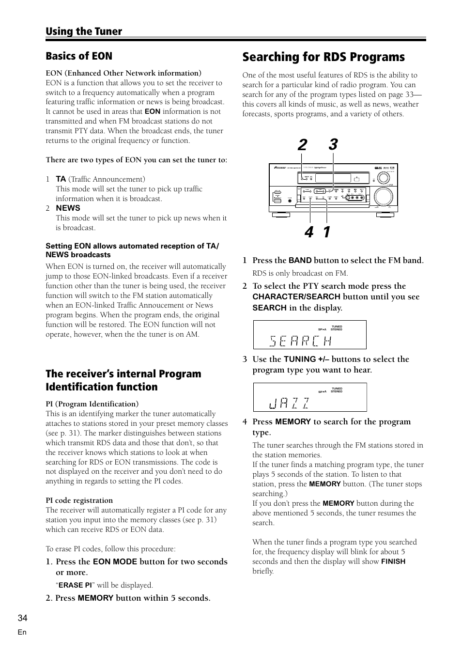 Searching for rds programmes 34, Searching for rds programs, Using the tuner basics of eon | Pioneer VSX-D810S User Manual | Page 34 / 52