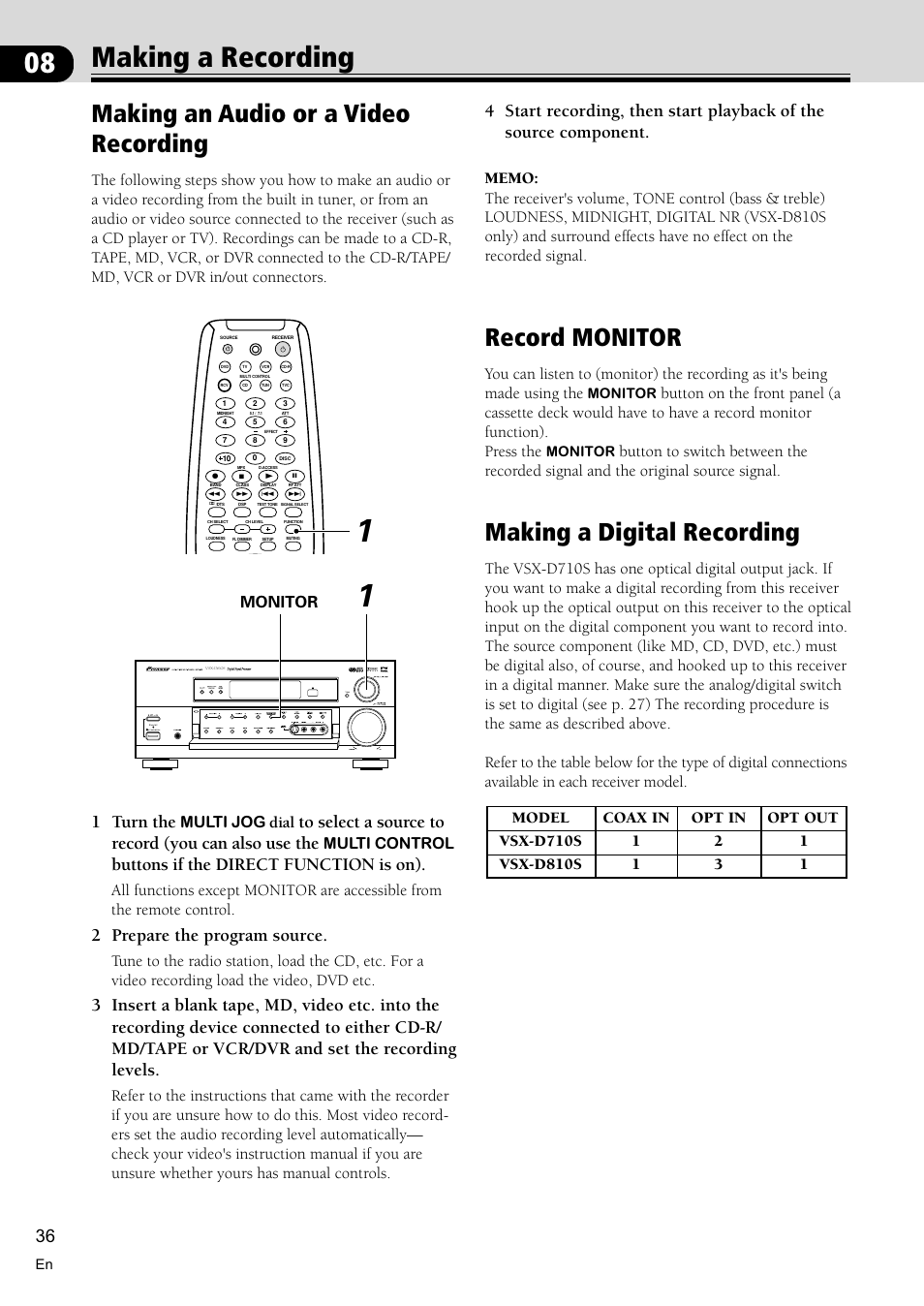 Making a recording 36, Making an audio or a video recording 36, Record monitor 36 | Making a digital recording 36, 08 making a recording, Making an audio or a video recording, Record monitor, Making a digital recording, 1 turn the, Buttons if the direct function is on) | Pioneer VSX-D810S User Manual | Page 36 / 52