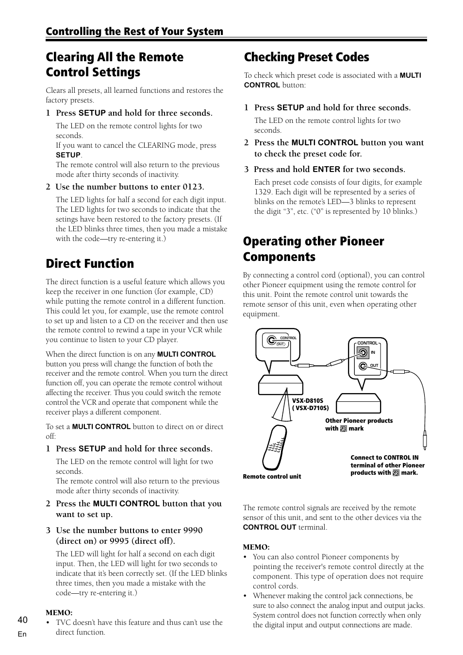 Clearing all the remote control settings 40, Direct function 40, Checking preset code 40 | Operating other pioneer components 40, Operating other pioneer components, Clearing all the remote control settings, Direct function, Checking preset codes, Controlling the rest of your system | Pioneer VSX-D810S User Manual | Page 40 / 52