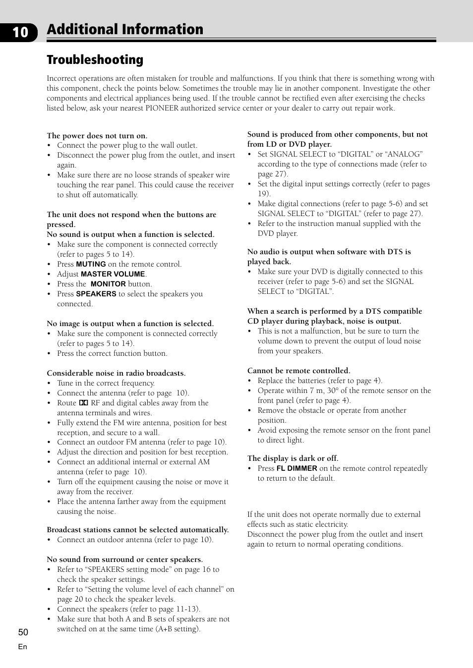 Additional information 50, Troubleshooting 50, 10 additional information | Troubleshooting | Pioneer VSX-D810S User Manual | Page 50 / 52