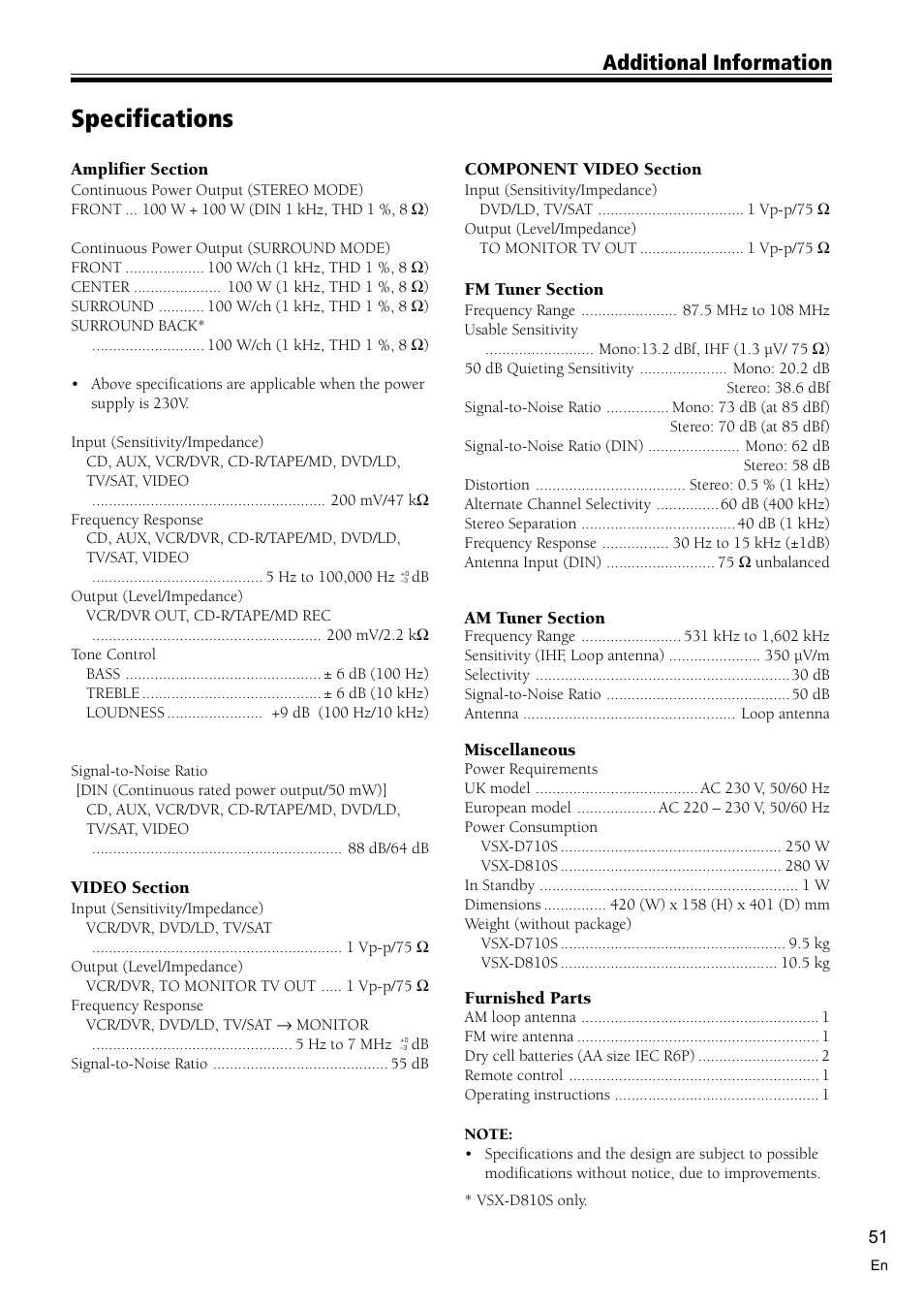 Specifications 51, Specifications, Additional information | Pioneer VSX-D810S User Manual | Page 51 / 52