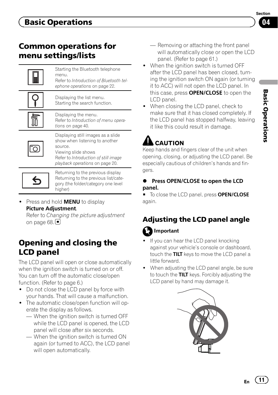 Common operations for menu settings, Lists, Opening and closing the lcd panel | Common operations for menu settings/lists, Basic operations, Adjusting the lcd panel angle | Pioneer AVH-P5200BT User Manual | Page 11 / 92