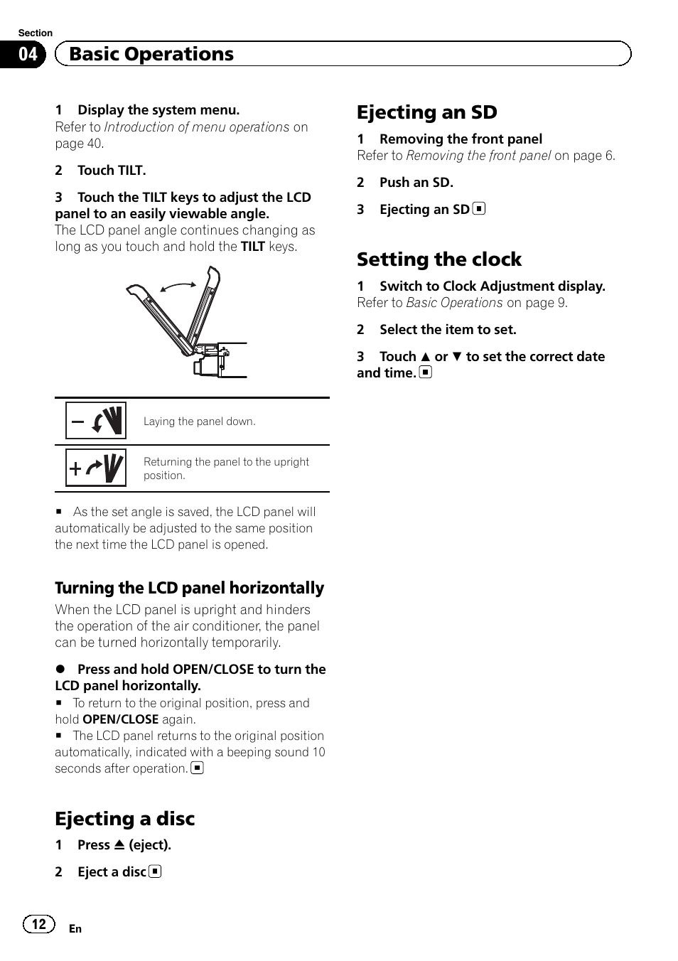 Ejecting a disc, Ejecting an sd, Setting the clock | 04 basic operations, Turning the lcd panel horizontally | Pioneer AVH-P5200BT User Manual | Page 12 / 92