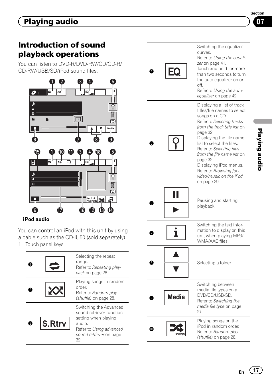 Playing audio introduction of sound playback, Operations, Introduction of sound playback operations | Playing audio | Pioneer AVH-P5200BT User Manual | Page 17 / 92