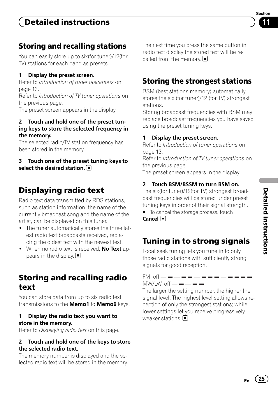 Displaying radio text, Storing and recalling radio text, Storing the strongest stations | Tuning in to strong signals, Storing and recalling stations, Detailed instructions | Pioneer AVH-P5200BT User Manual | Page 25 / 92