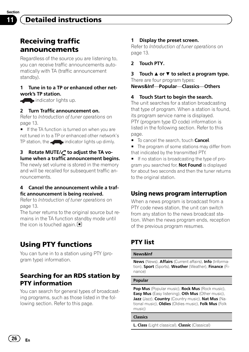 Receiving traffic announcements, Using pty functions, 11 detailed instructions | Searching for an rds station by pty information, Using news program interruption, Pty list | Pioneer AVH-P5200BT User Manual | Page 26 / 92