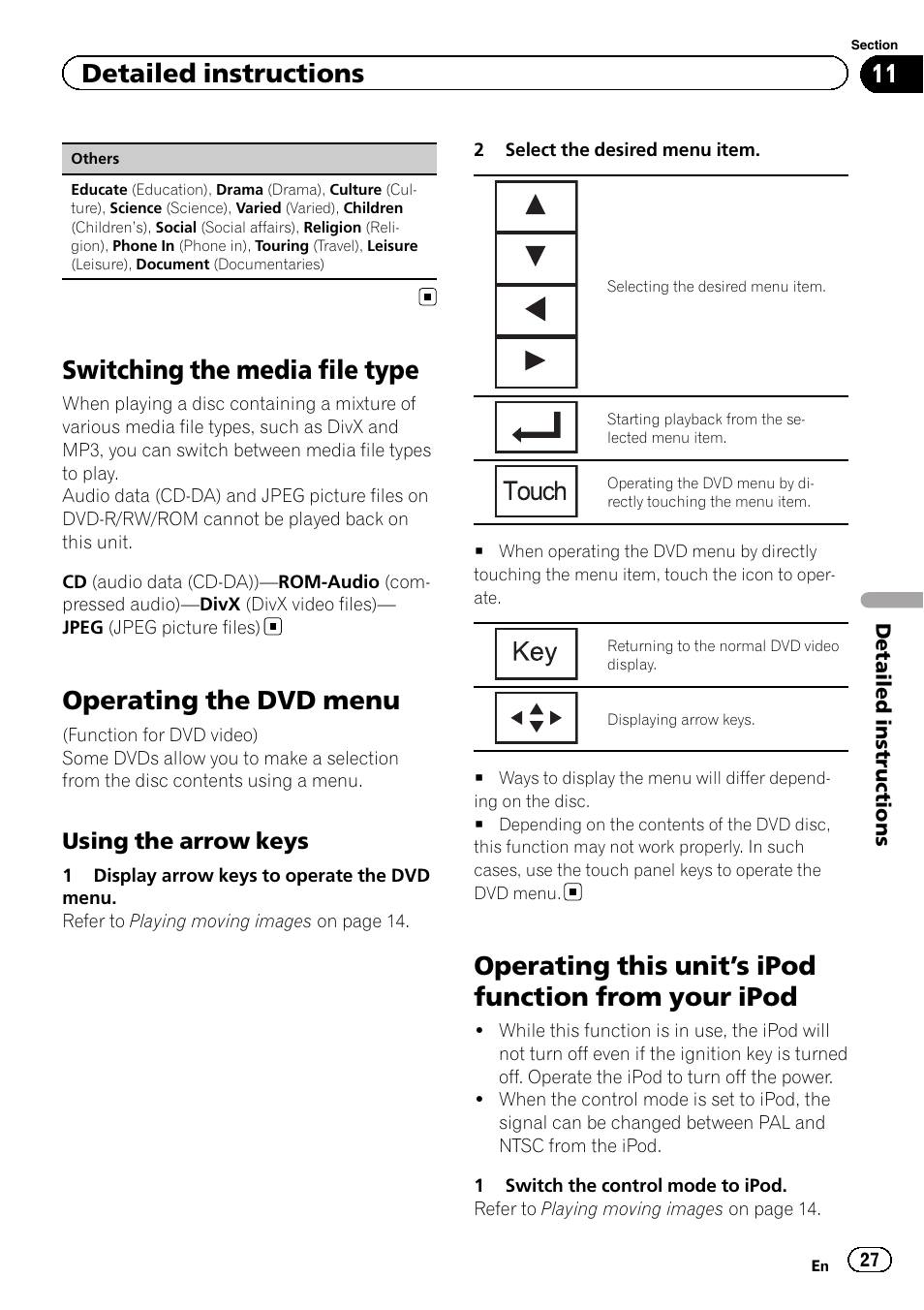 Switching the media file type, Operating the dvd menu, Operating this unit | S ipod function from your, Ipod, S ipod function from, Detailed instructions, Using the arrow keys | Pioneer AVH-P5200BT User Manual | Page 27 / 92