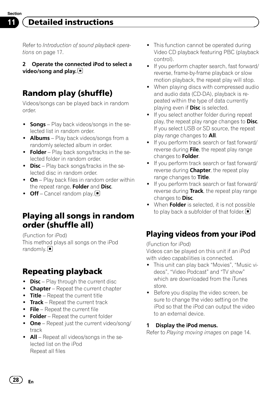 Random play (shuffle), Playing all songs in random order (shuffle, All) | Repeating playback, Playing videos from your ipod, Playing all songs in random order (shuffle all), 11 detailed instructions | Pioneer AVH-P5200BT User Manual | Page 28 / 92