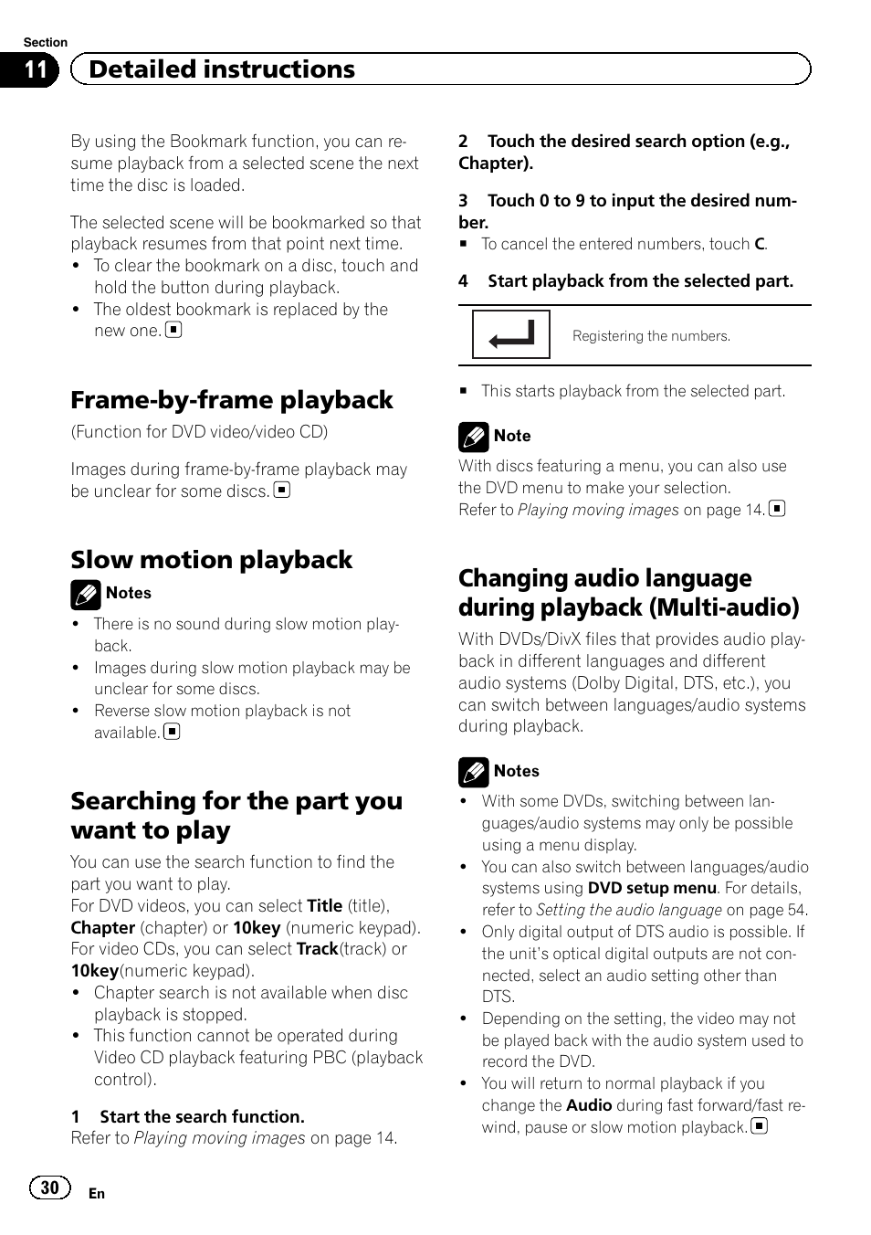 Frame-by-frame playback, Slow motion playback, Searching for the part you want to play | Changing audio language during playback, Multi-audio), 11 detailed instructions | Pioneer AVH-P5200BT User Manual | Page 30 / 92