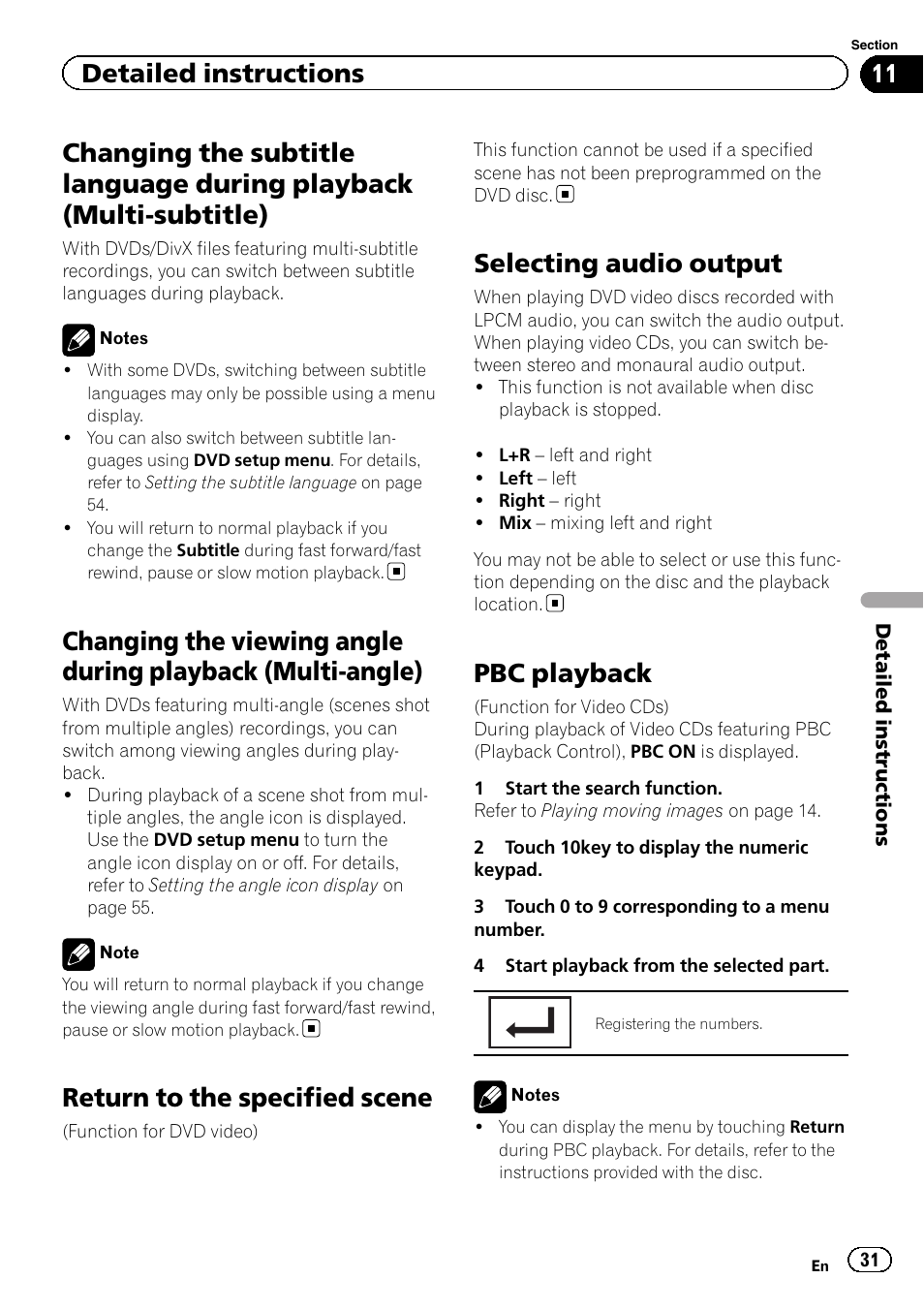 Changing the subtitle language during, Playback (multi-subtitle), Changing the viewing angle during playback | Multi-angle), Return to the specified scene, Selecting audio output, Pbc playback, Detailed instructions | Pioneer AVH-P5200BT User Manual | Page 31 / 92