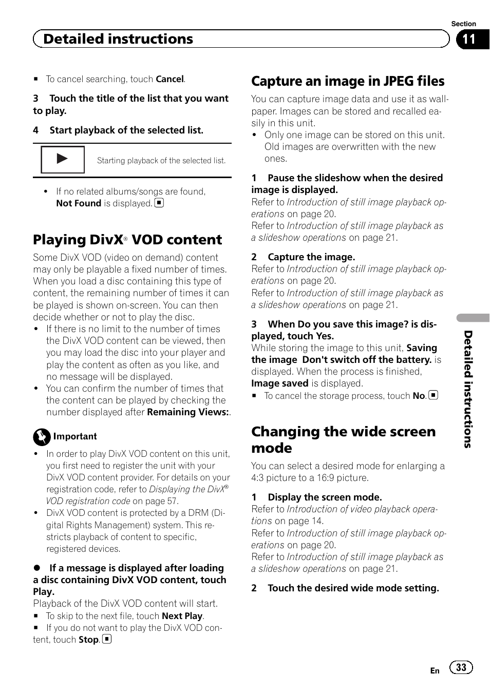 Playing divx, Ò vod content 33, Capture an image in jpeg files | Changing the wide screen mode, Vod content, Detailed instructions | Pioneer AVH-P5200BT User Manual | Page 33 / 92