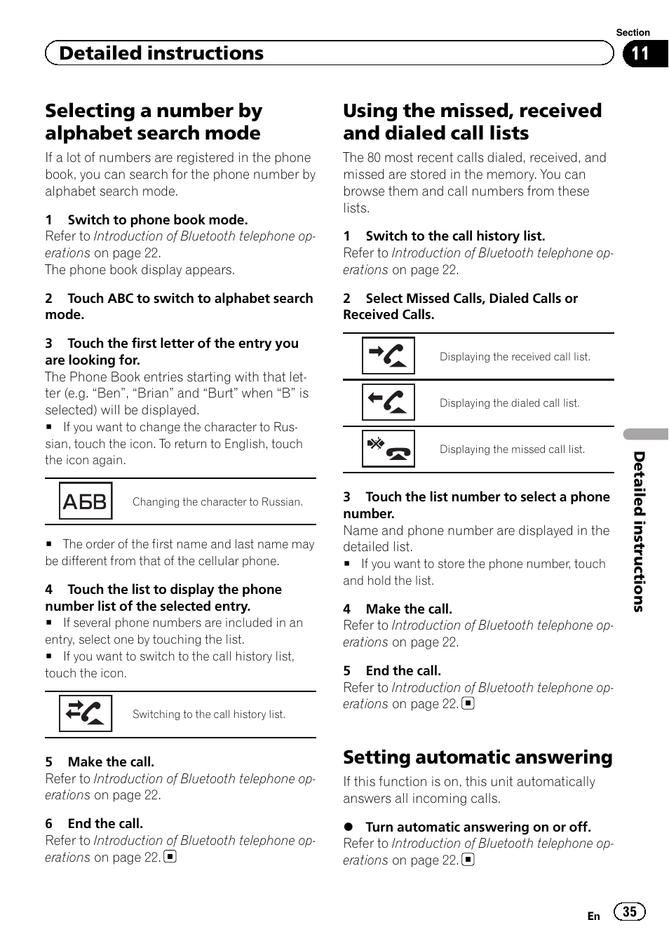 Selecting a number by alphabet search, Mode, Using the missed, received and dialed call | Lists, Setting automatic answering, Selecting a number by alphabet search mode, Using the missed, received and dialed call lists, Detailed instructions | Pioneer AVH-P5200BT User Manual | Page 35 / 92