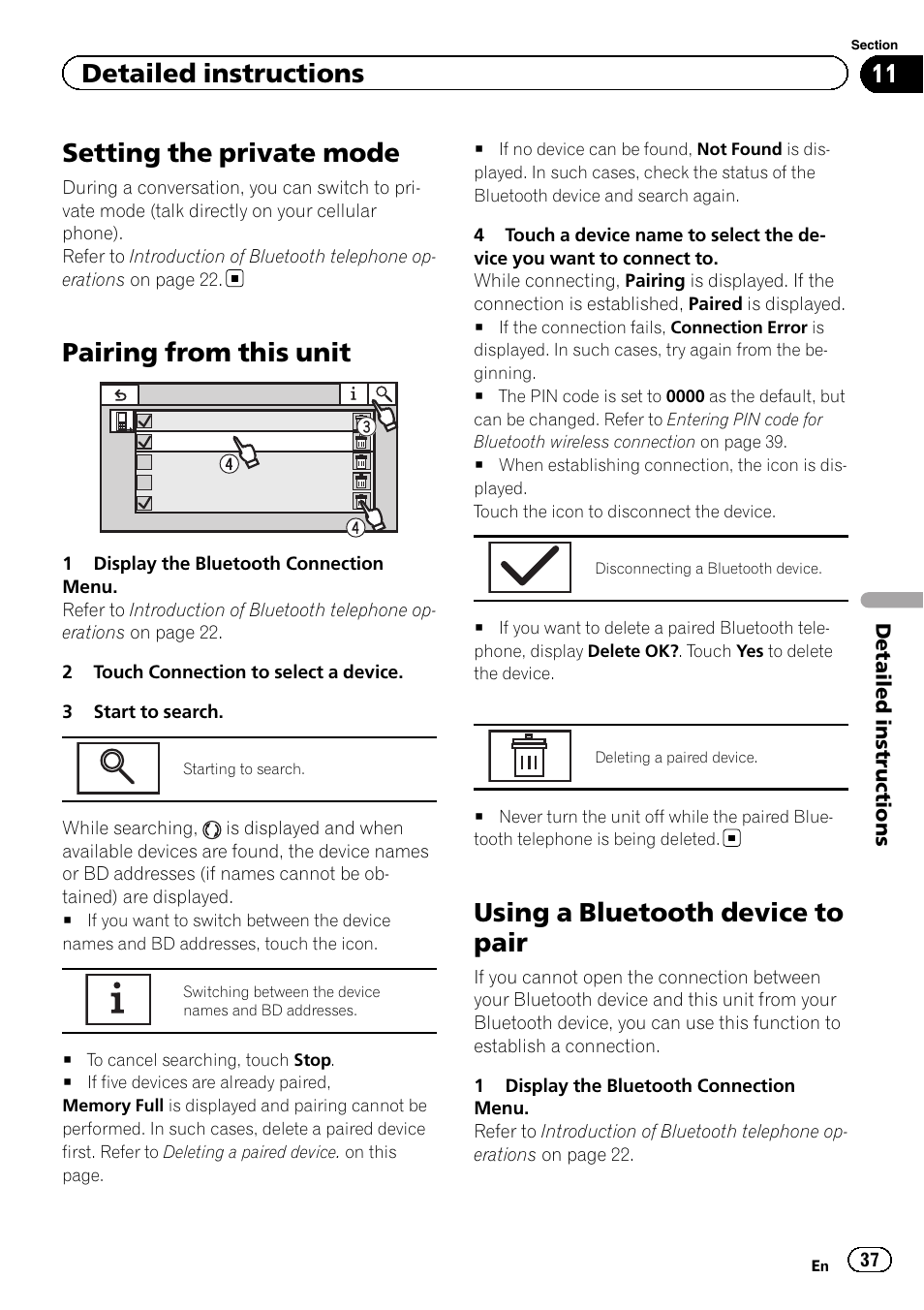 Setting the private mode, Pairing from this unit, Using a bluetooth device to pair | Detailed instructions | Pioneer AVH-P5200BT User Manual | Page 37 / 92