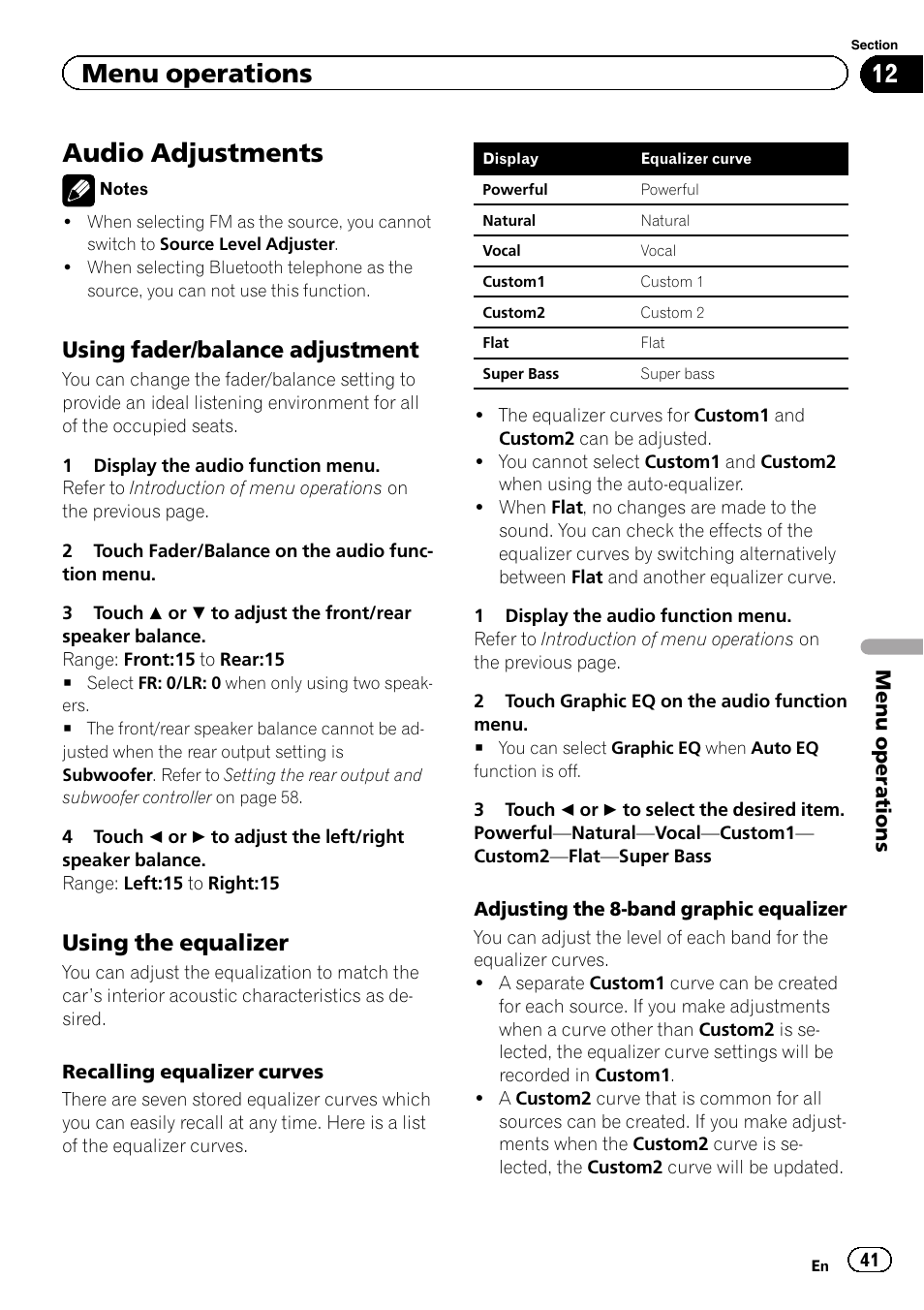 Audio adjustments, Menu operations, Using fader/balance adjustment | Using the equalizer | Pioneer AVH-P5200BT User Manual | Page 41 / 92