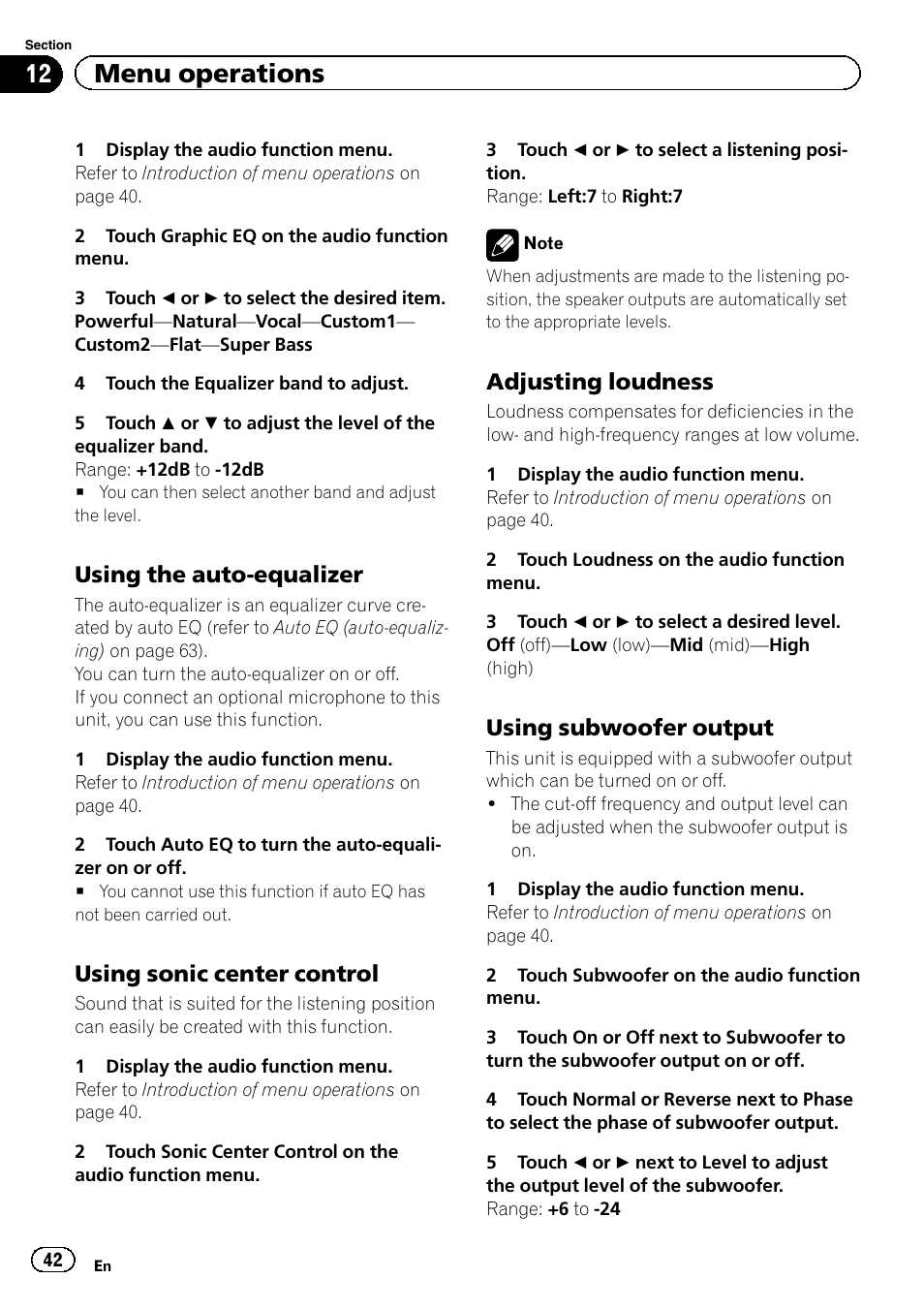 12 menu operations, Using the auto-equalizer, Using sonic center control | Adjusting loudness, Using subwoofer output | Pioneer AVH-P5200BT User Manual | Page 42 / 92