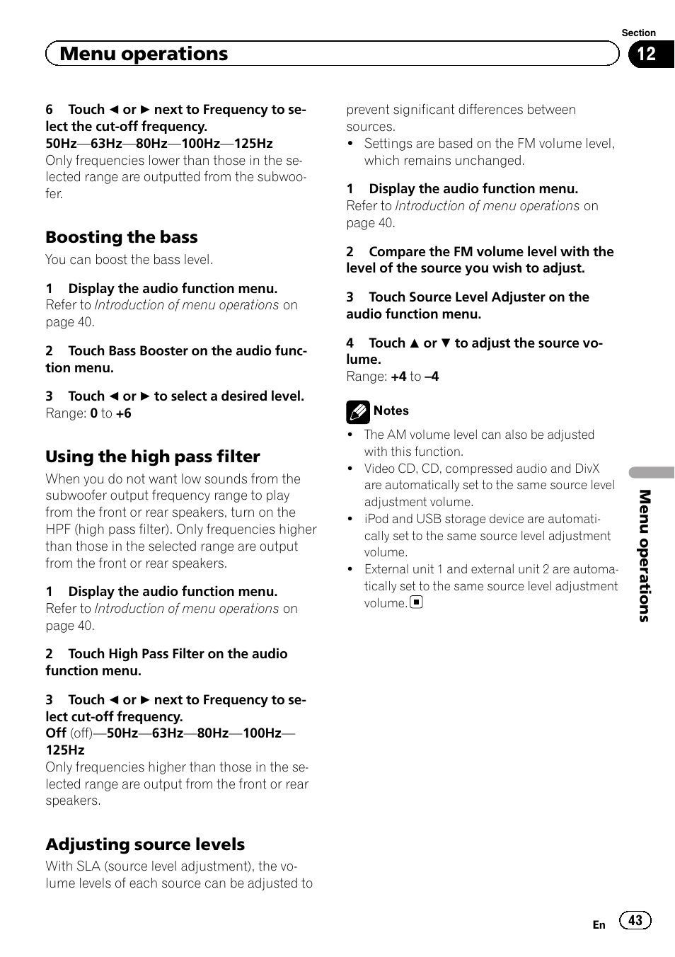 Menu operations, Boosting the bass, Using the high pass filter | Adjusting source levels | Pioneer AVH-P5200BT User Manual | Page 43 / 92