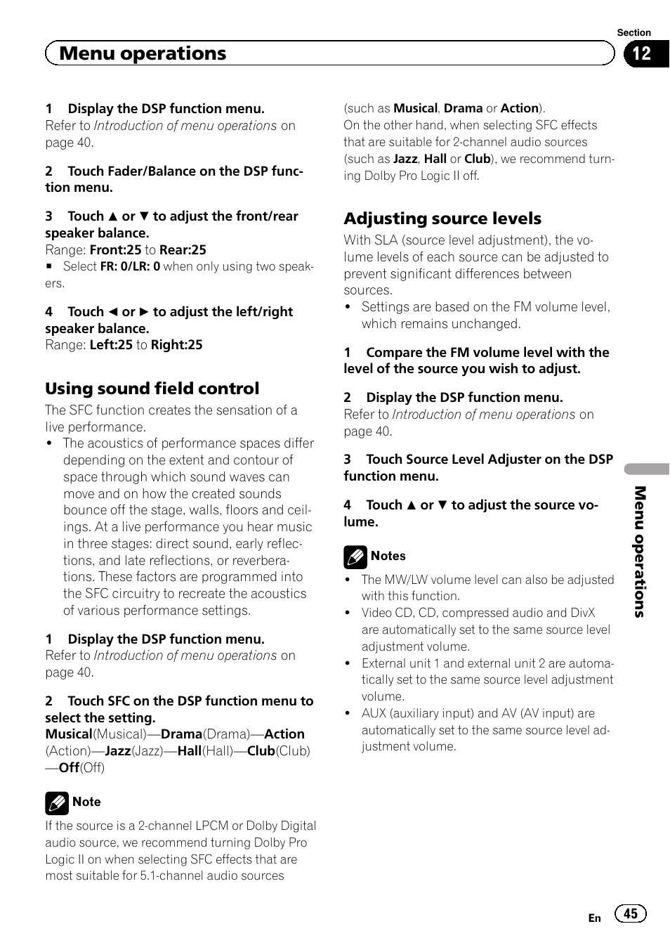 Menu operations, Using sound field control, Adjusting source levels | Pioneer AVH-P5200BT User Manual | Page 45 / 92