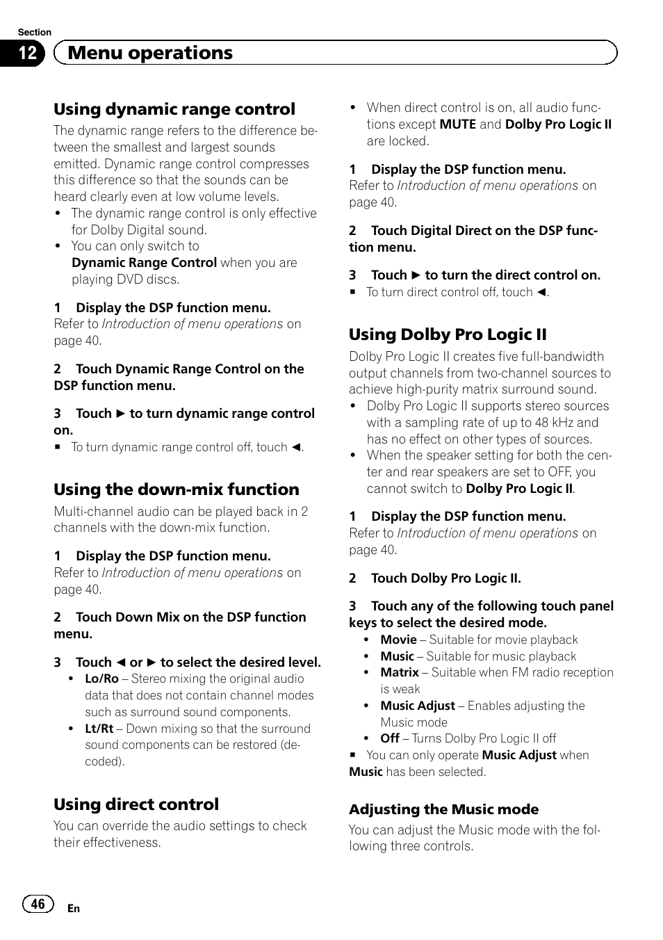 12 menu operations, Using dynamic range control, Using the down-mix function | Using direct control, Using dolby pro logic ii | Pioneer AVH-P5200BT User Manual | Page 46 / 92