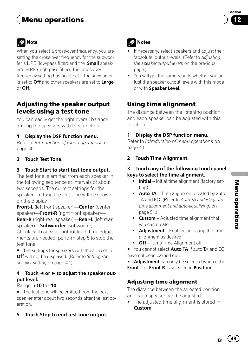 Adjusting time alignment, Menu operations, Using time alignment | Pioneer AVH-P5200BT User Manual | Page 49 / 92