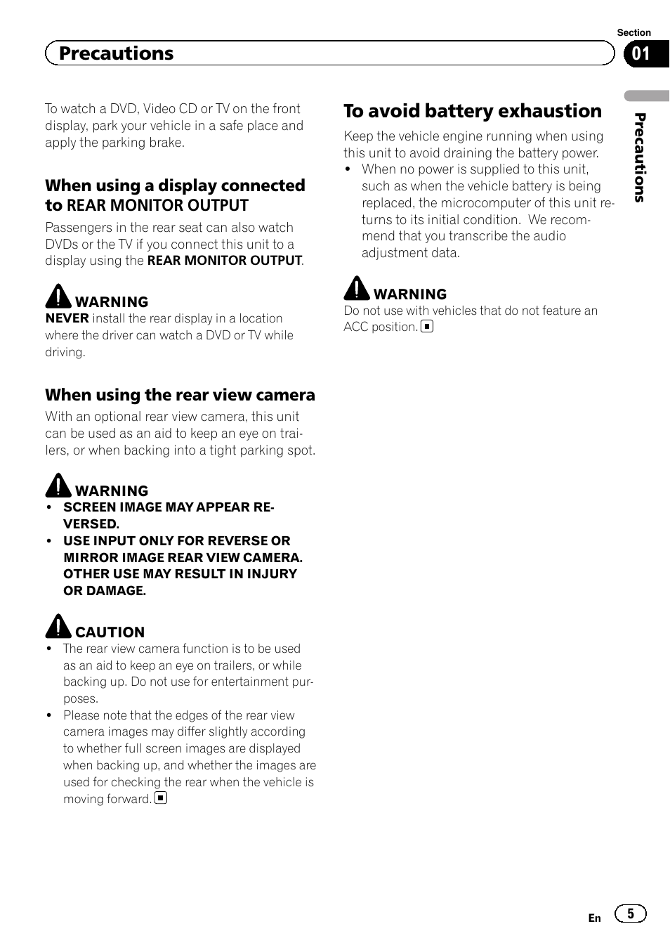 To avoid battery exhaustion, Precautions | Pioneer AVH-P5200BT User Manual | Page 5 / 92