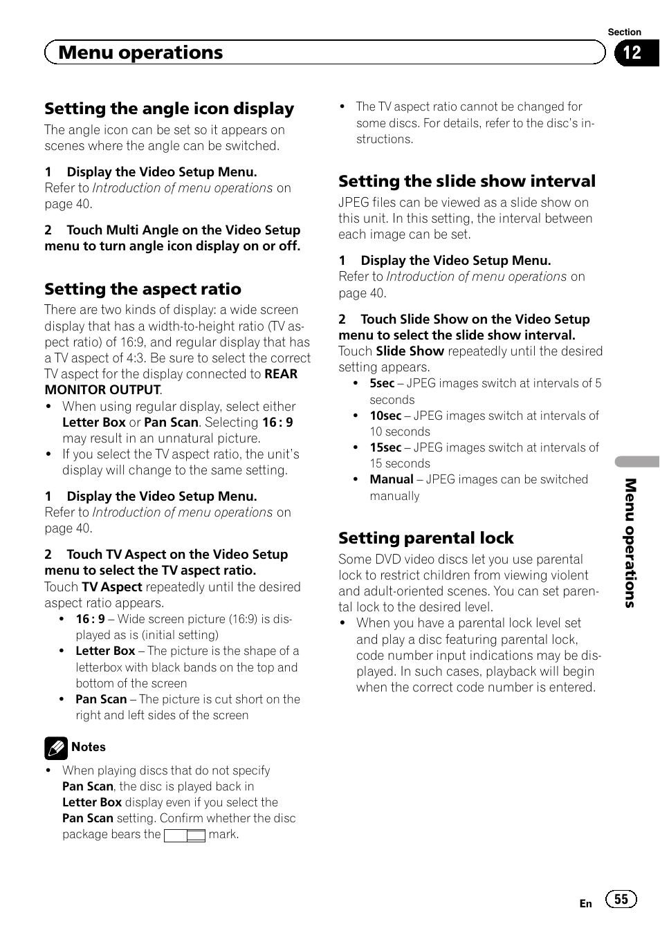 Menu operations, Setting the angle icon display, Setting the aspect ratio | Setting the slide show interval, Setting parental lock | Pioneer AVH-P5200BT User Manual | Page 55 / 92