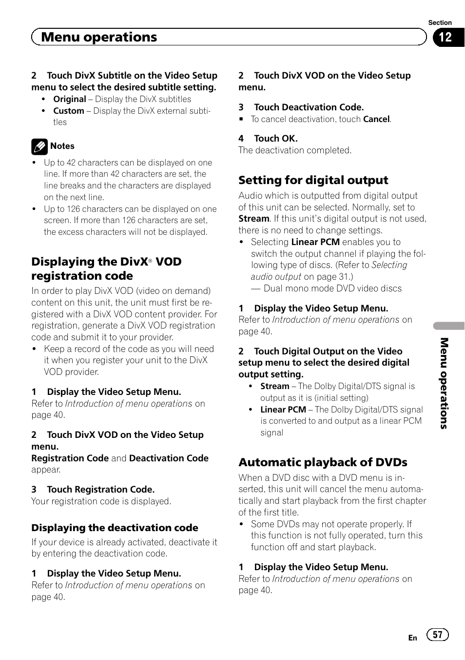 Displaying the divx, Menu operations, Vod registration code | Setting for digital output, Automatic playback of dvds | Pioneer AVH-P5200BT User Manual | Page 57 / 92