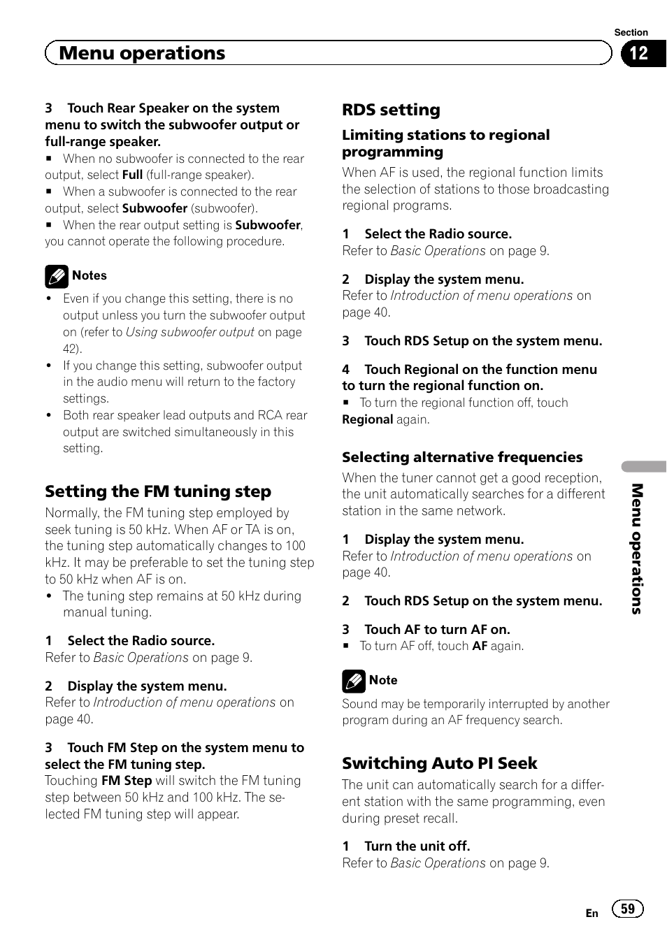 Menu operations, Setting the fm tuning step, Rds setting | Switching auto pi seek | Pioneer AVH-P5200BT User Manual | Page 59 / 92