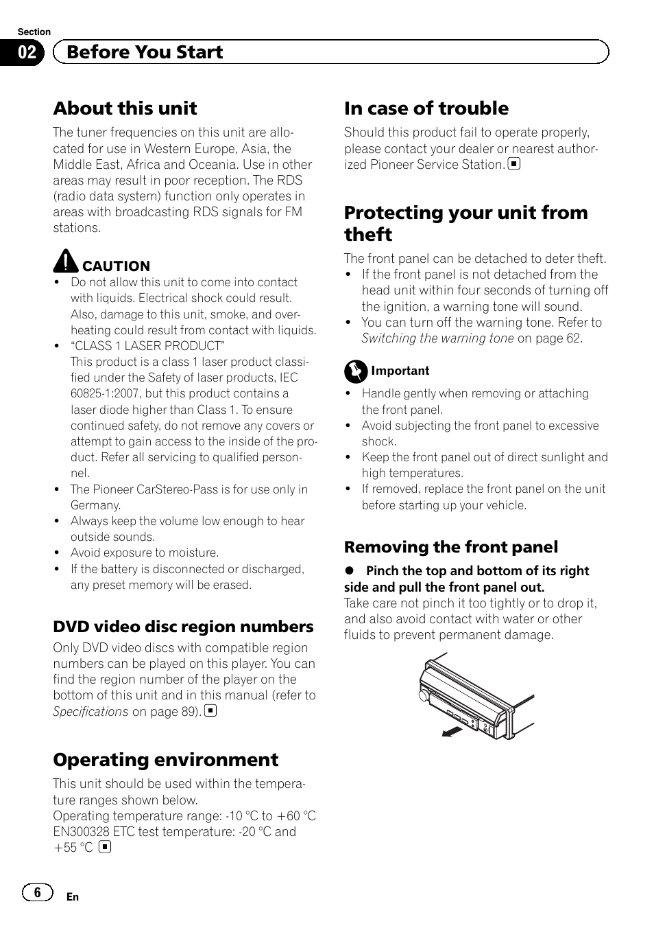 Dvd video disc region numbers 6, Before you start about this unit, Operating environment | In case of trouble, Protecting your unit from theft, About this unit, 02 before you start | Pioneer AVH-P5200BT User Manual | Page 6 / 92