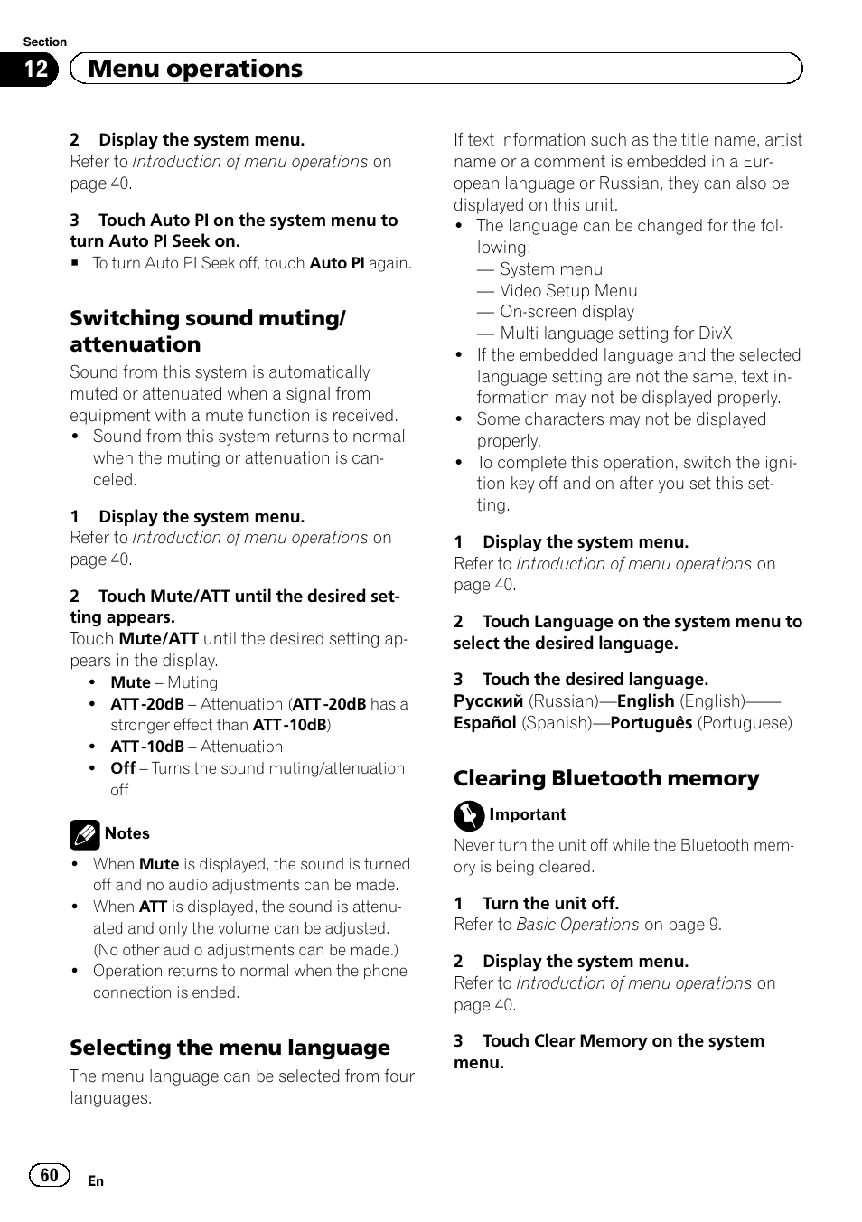 12 menu operations, Switching sound muting/ attenuation, Selecting the menu language | Pioneer AVH-P5200BT User Manual | Page 60 / 92