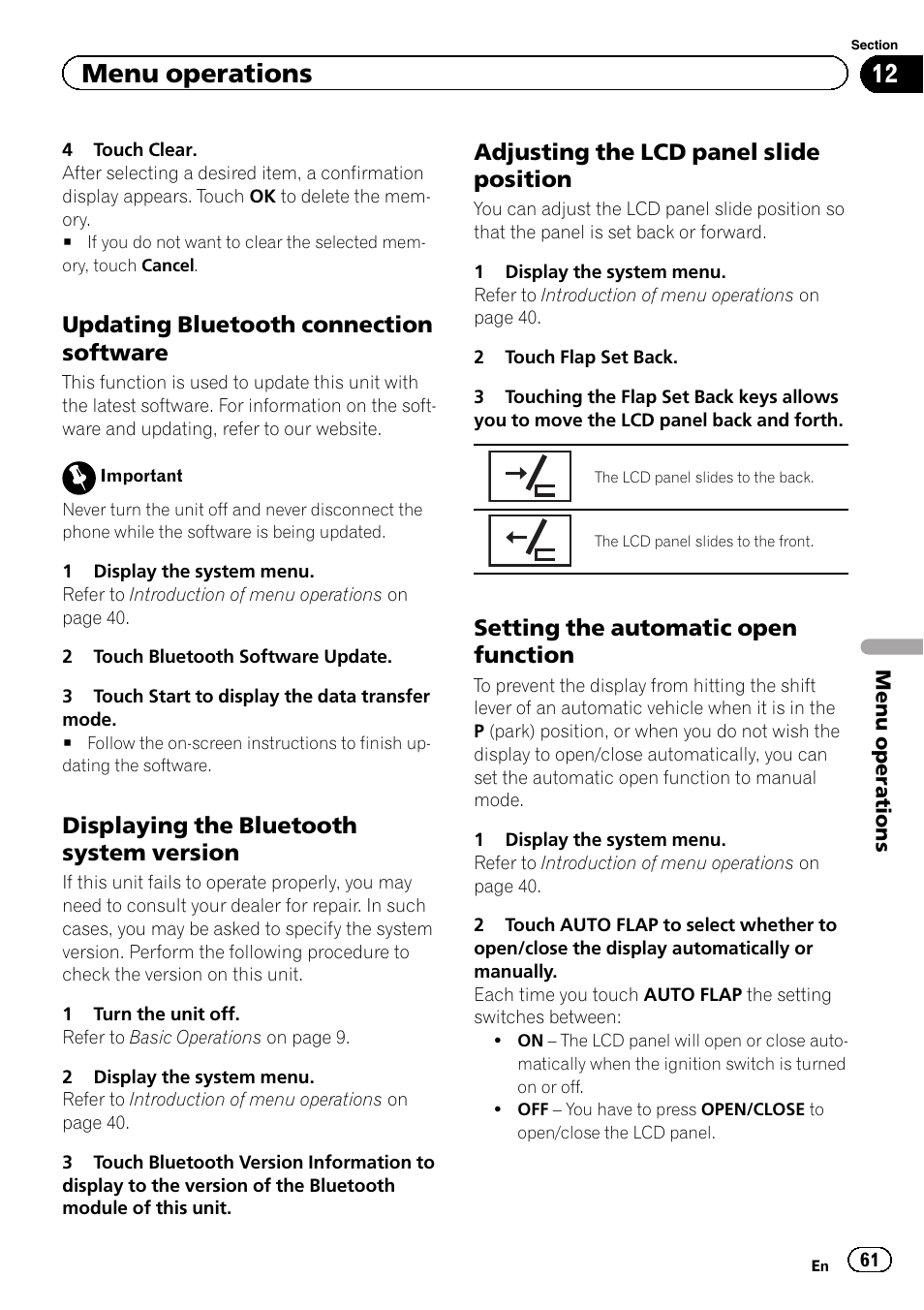 Menu operations, Updating bluetooth connection software, Displaying the bluetooth system version | Adjusting the lcd panel slide position, Setting the automatic open function | Pioneer AVH-P5200BT User Manual | Page 61 / 92