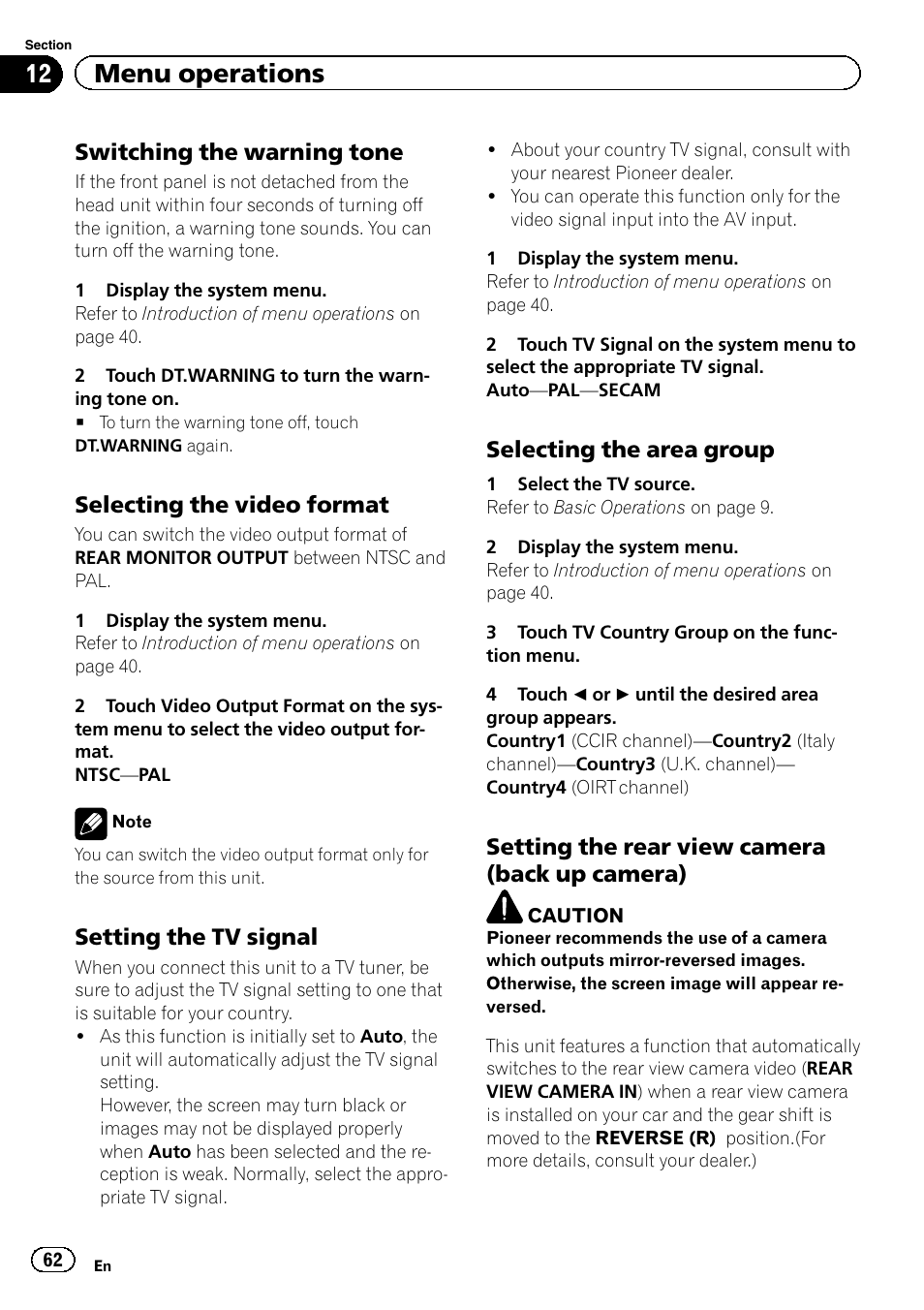 12 menu operations, Switching the warning tone, Selecting the video format | Setting the tv signal, Selecting the area group, Setting the rear view camera (back up camera) | Pioneer AVH-P5200BT User Manual | Page 62 / 92